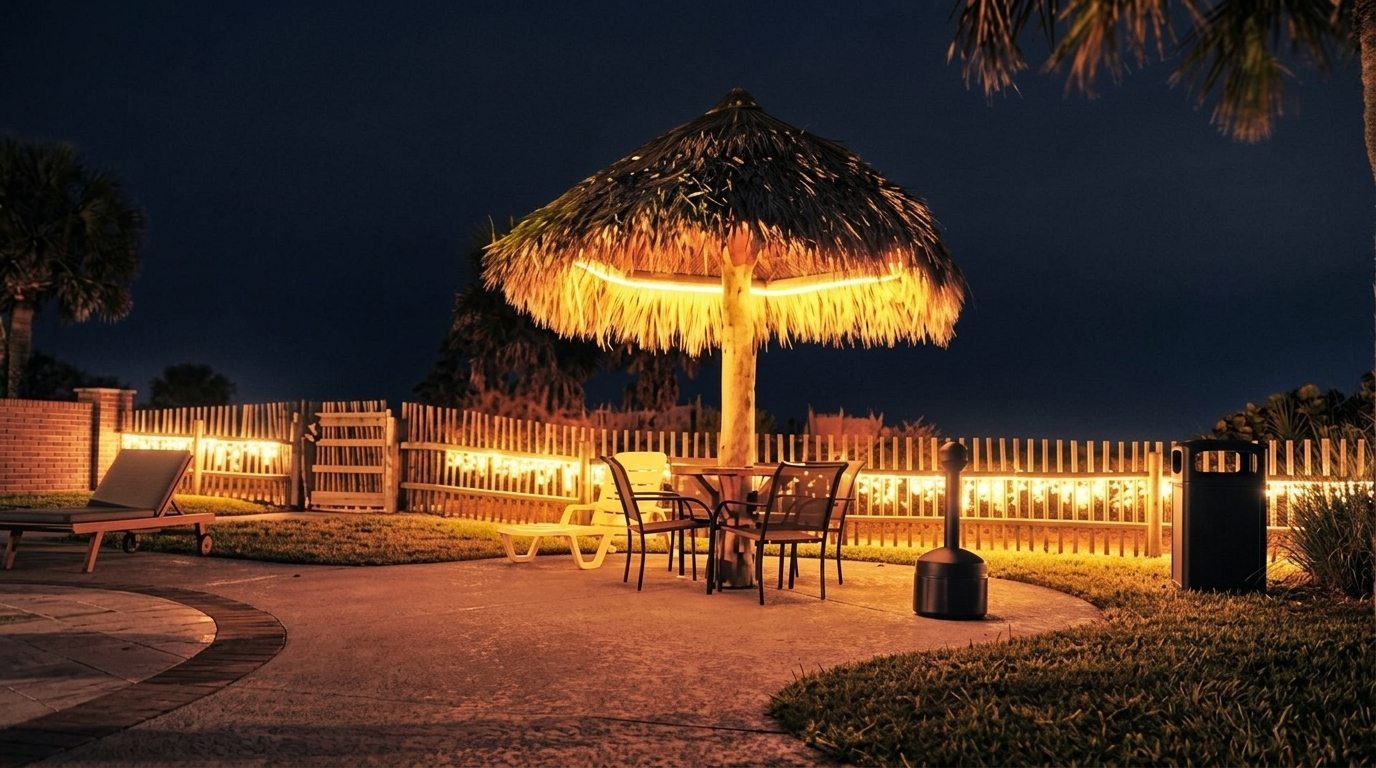 Resort swimming pools and lighted tropical palapa deck