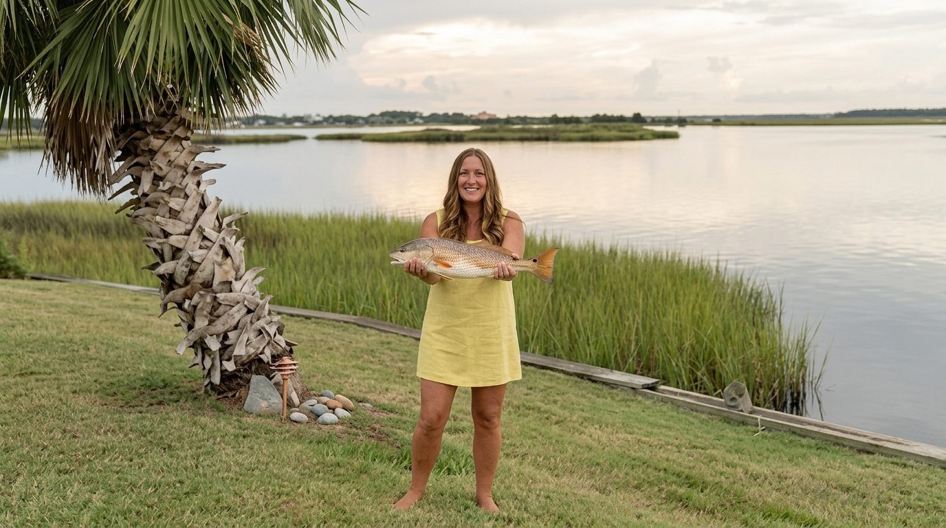 Resort Guest Proudly Holding Trophy Texas Redfish Caught Along Dickinson Bayou (Guests Only)